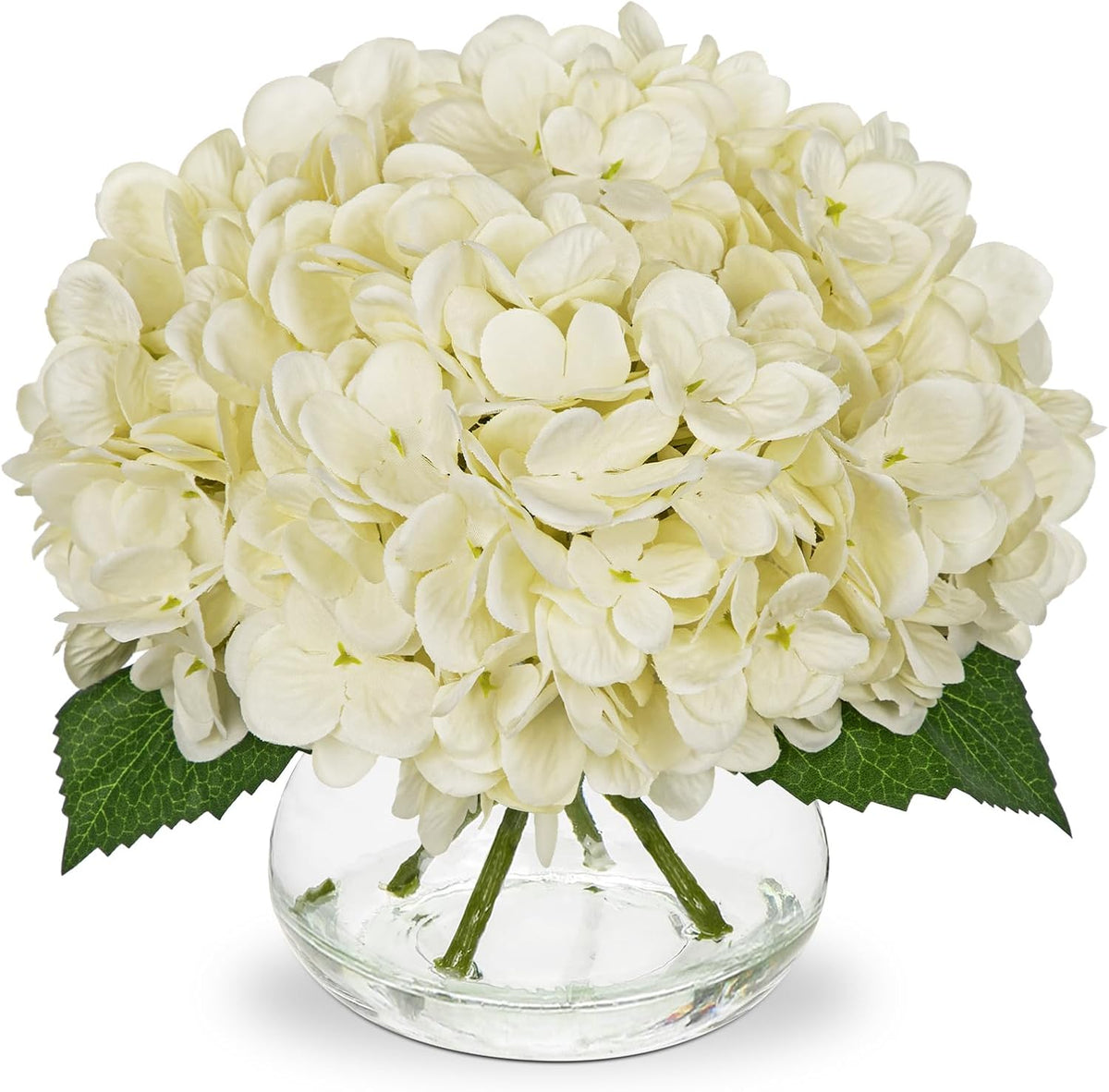 Hydrangea Artificial Flowers with Vase White Silk Fake Flowers Arrangements in Glass Vase with Faux Water for Home Bathroom Office Table Centerpiece Shelf Decorations