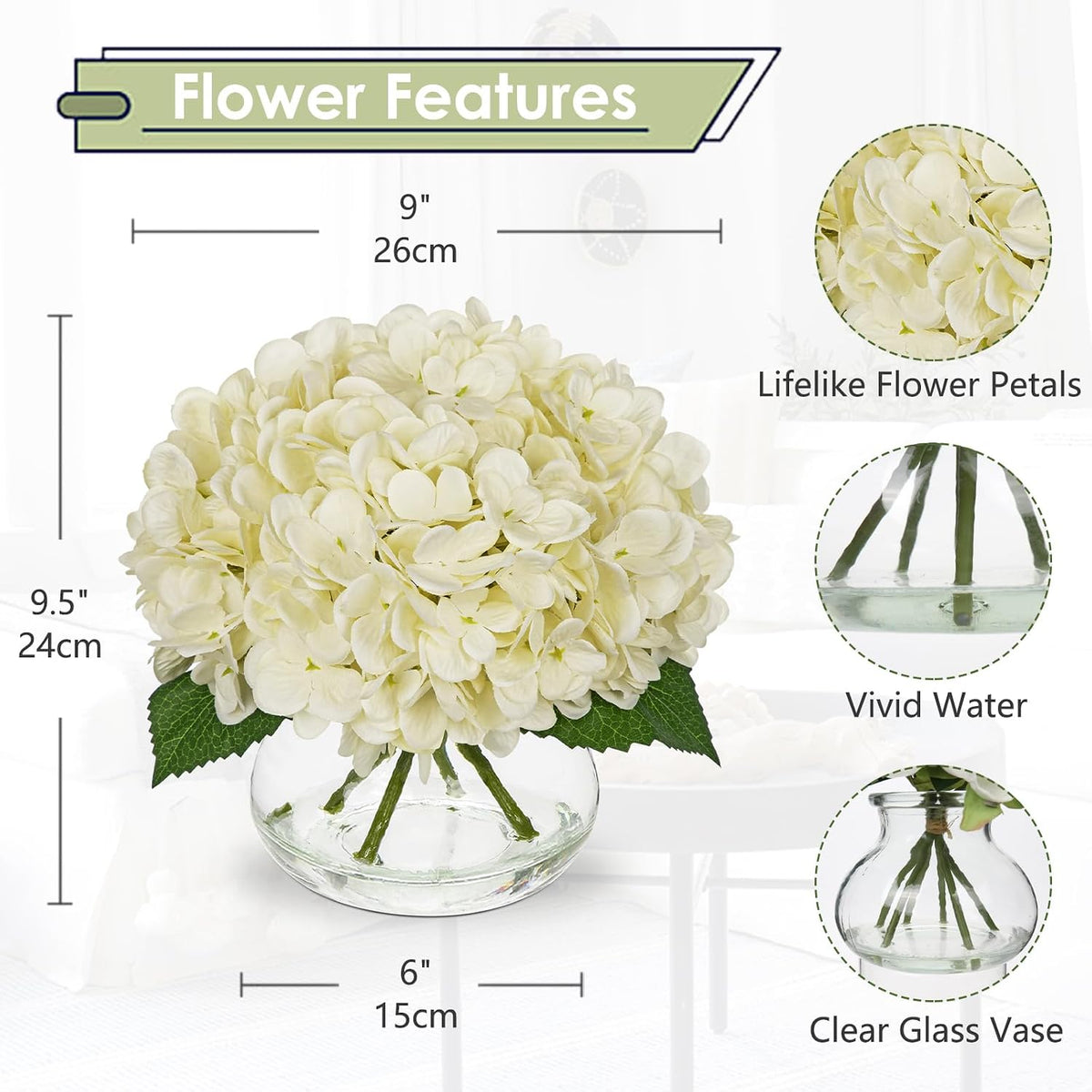 Hydrangea Artificial Flowers with Vase White Silk Fake Flowers Arrangements in Glass Vase with Faux Water for Home Bathroom Office Table Centerpiece Shelf Decorations