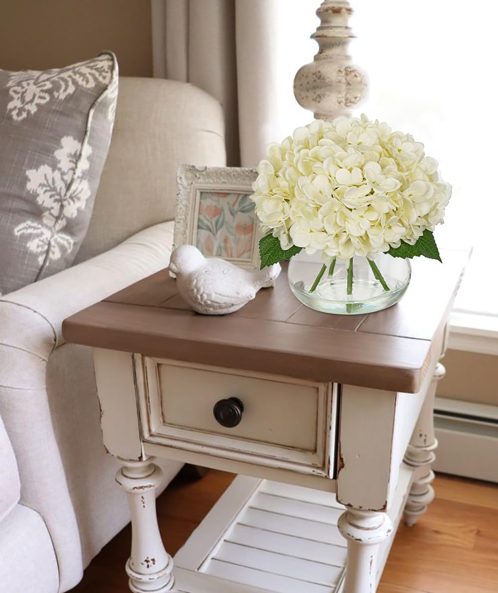 Hydrangea Artificial Flowers with Vase White Silk Fake Flowers Arrangements in Glass Vase with Faux Water for Home Bathroom Office Table Centerpiece Shelf Decorations