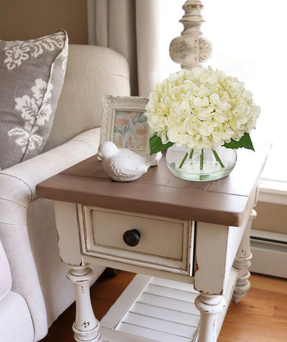 Hydrangea Artificial Flowers with Vase White Silk Fake Flowers Arrangements in Glass Vase with Faux Water for Home Bathroom Office Table Centerpiece Shelf Decorations