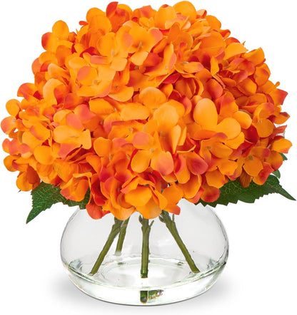 Hydrangea Artificial Flowers with Vase White Silk Fake Flowers Arrangements in Glass Vase with Faux Water for Home Bathroom Office Table Centerpiece Shelf Decorations
