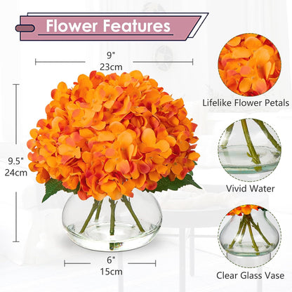Hydrangea Artificial Flowers with Vase White Silk Fake Flowers Arrangements in Glass Vase with Faux Water for Home Bathroom Office Table Centerpiece Shelf Decorations