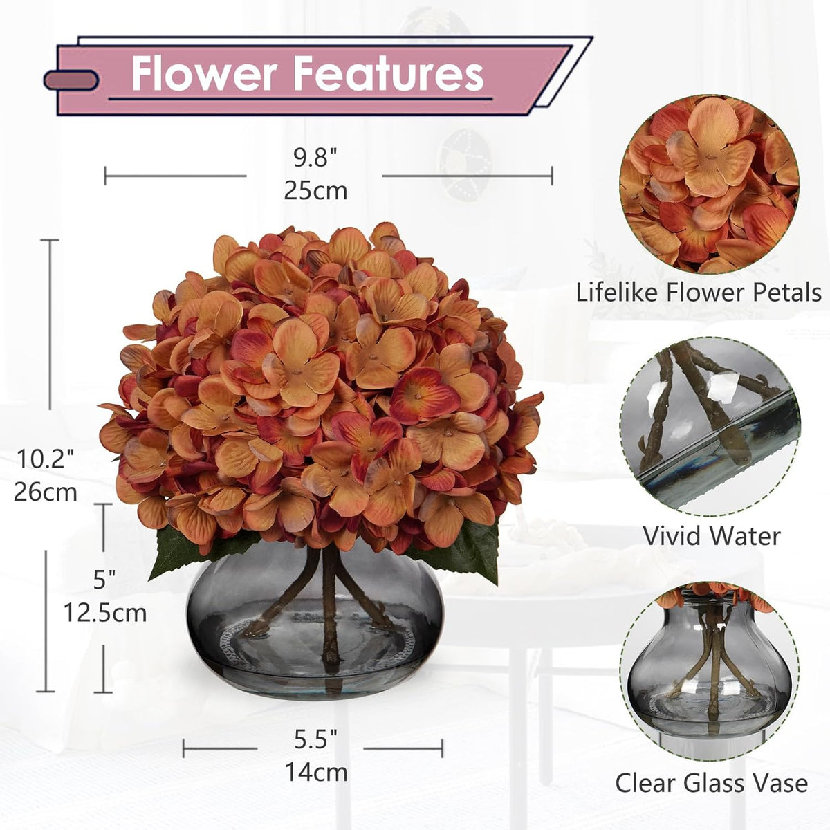 Hydrangea Artificial Flowers with Vase White Silk Fake Flowers Arrangements in Glass Vase with Faux Water for Home Bathroom Office Table Centerpiece Shelf Decorations