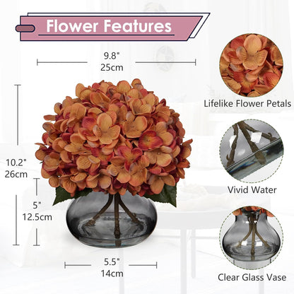 Hydrangea Artificial Flowers with Vase White Silk Fake Flowers Arrangements in Glass Vase with Faux Water for Home Bathroom Office Table Centerpiece Shelf Decorations
