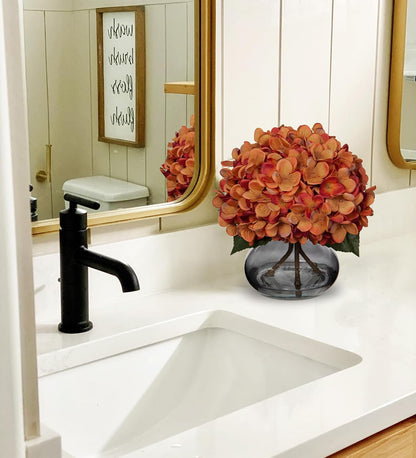 Hydrangea Artificial Flowers with Vase White Silk Fake Flowers Arrangements in Glass Vase with Faux Water for Home Bathroom Office Table Centerpiece Shelf Decorations