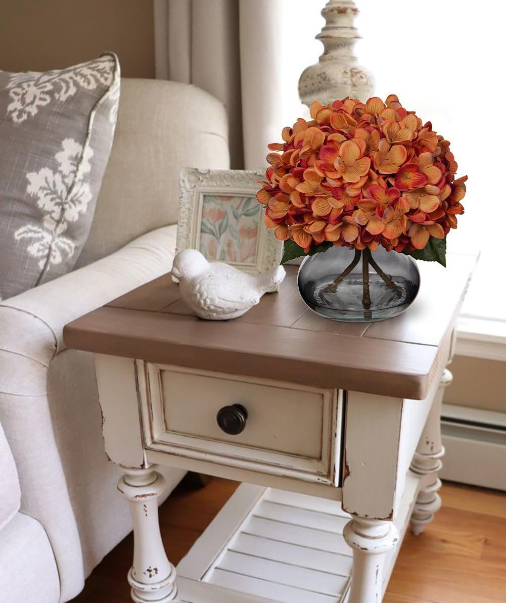 Hydrangea Artificial Flowers with Vase White Silk Fake Flowers Arrangements in Glass Vase with Faux Water for Home Bathroom Office Table Centerpiece Shelf Decorations