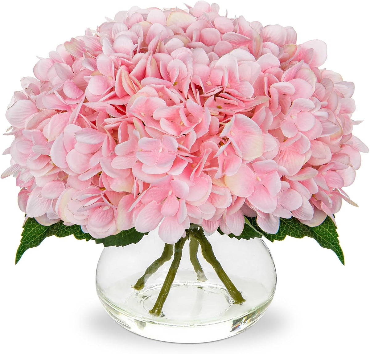 Hydrangea Artificial Flowers with Vase White Silk Fake Flowers Arrangements in Glass Vase with Faux Water for Home Bathroom Office Table Centerpiece Shelf Decorations