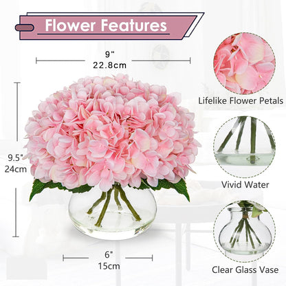Hydrangea Artificial Flowers with Vase White Silk Fake Flowers Arrangements in Glass Vase with Faux Water for Home Bathroom Office Table Centerpiece Shelf Decorations