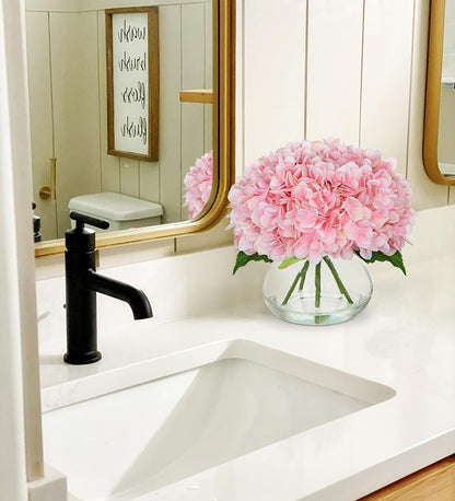 Hydrangea Artificial Flowers with Vase White Silk Fake Flowers Arrangements in Glass Vase with Faux Water for Home Bathroom Office Table Centerpiece Shelf Decorations