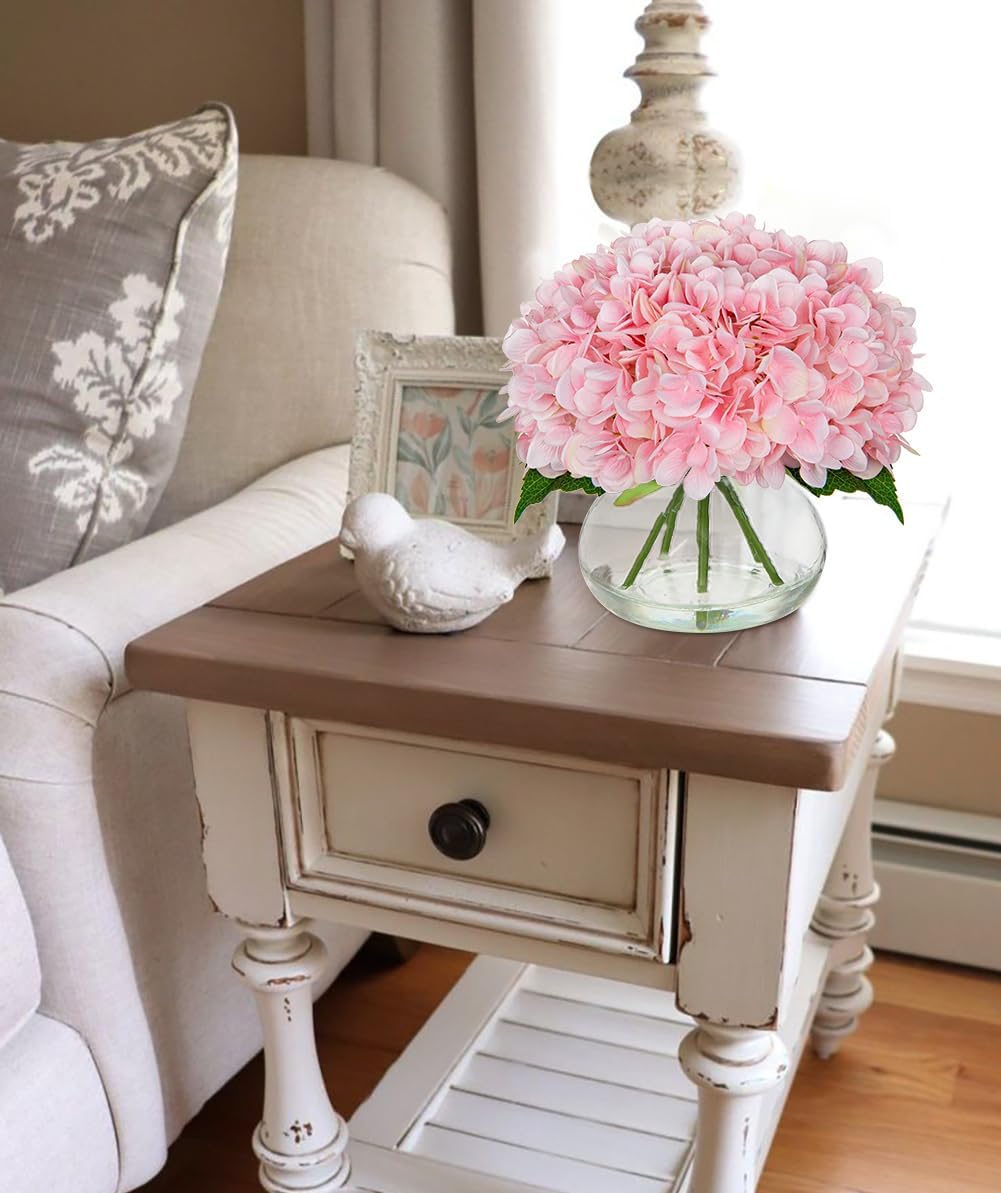 Hydrangea Artificial Flowers with Vase White Silk Fake Flowers Arrangements in Glass Vase with Faux Water for Home Bathroom Office Table Centerpiece Shelf Decorations