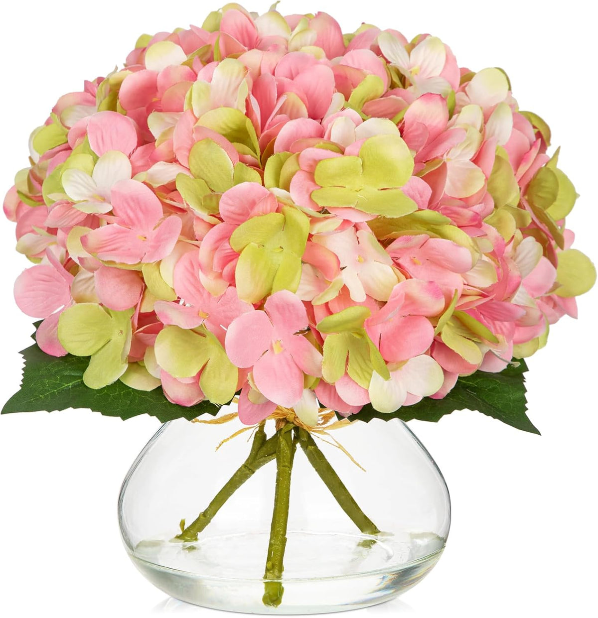 Hydrangea Artificial Flowers with Vase White Silk Fake Flowers Arrangements in Glass Vase with Faux Water for Home Bathroom Office Table Centerpiece Shelf Decorations