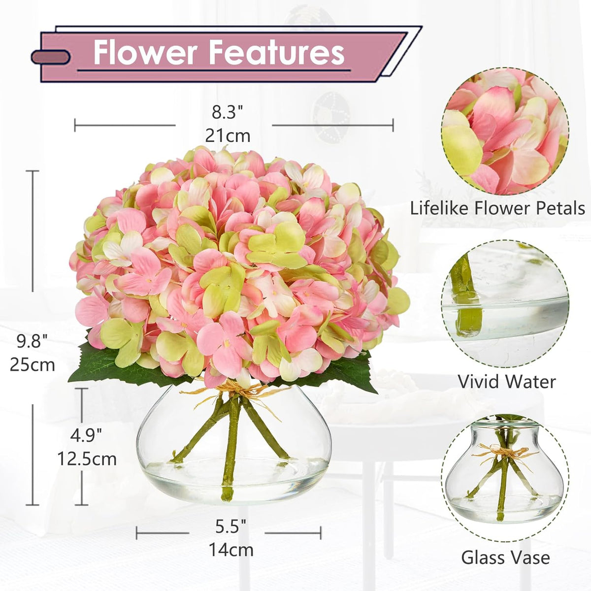 Hydrangea Artificial Flowers with Vase White Silk Fake Flowers Arrangements in Glass Vase with Faux Water for Home Bathroom Office Table Centerpiece Shelf Decorations