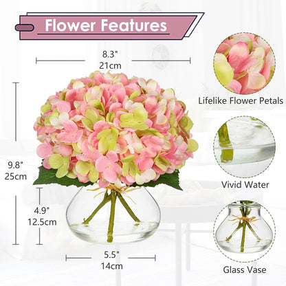 Hydrangea Artificial Flowers with Vase White Silk Fake Flowers Arrangements in Glass Vase with Faux Water for Home Bathroom Office Table Centerpiece Shelf Decorations