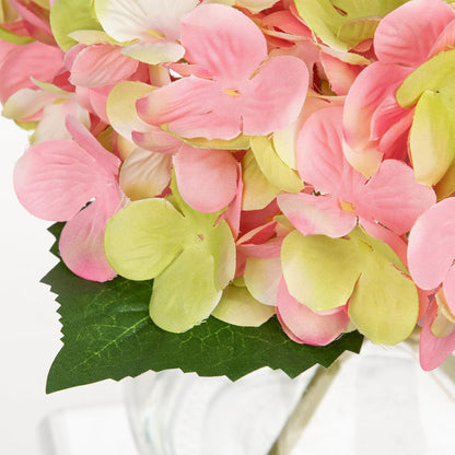 Hydrangea Artificial Flowers with Vase White Silk Fake Flowers Arrangements in Glass Vase with Faux Water for Home Bathroom Office Table Centerpiece Shelf Decorations