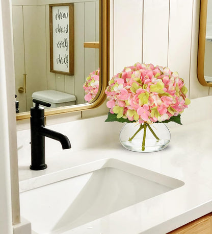 Hydrangea Artificial Flowers with Vase White Silk Fake Flowers Arrangements in Glass Vase with Faux Water for Home Bathroom Office Table Centerpiece Shelf Decorations