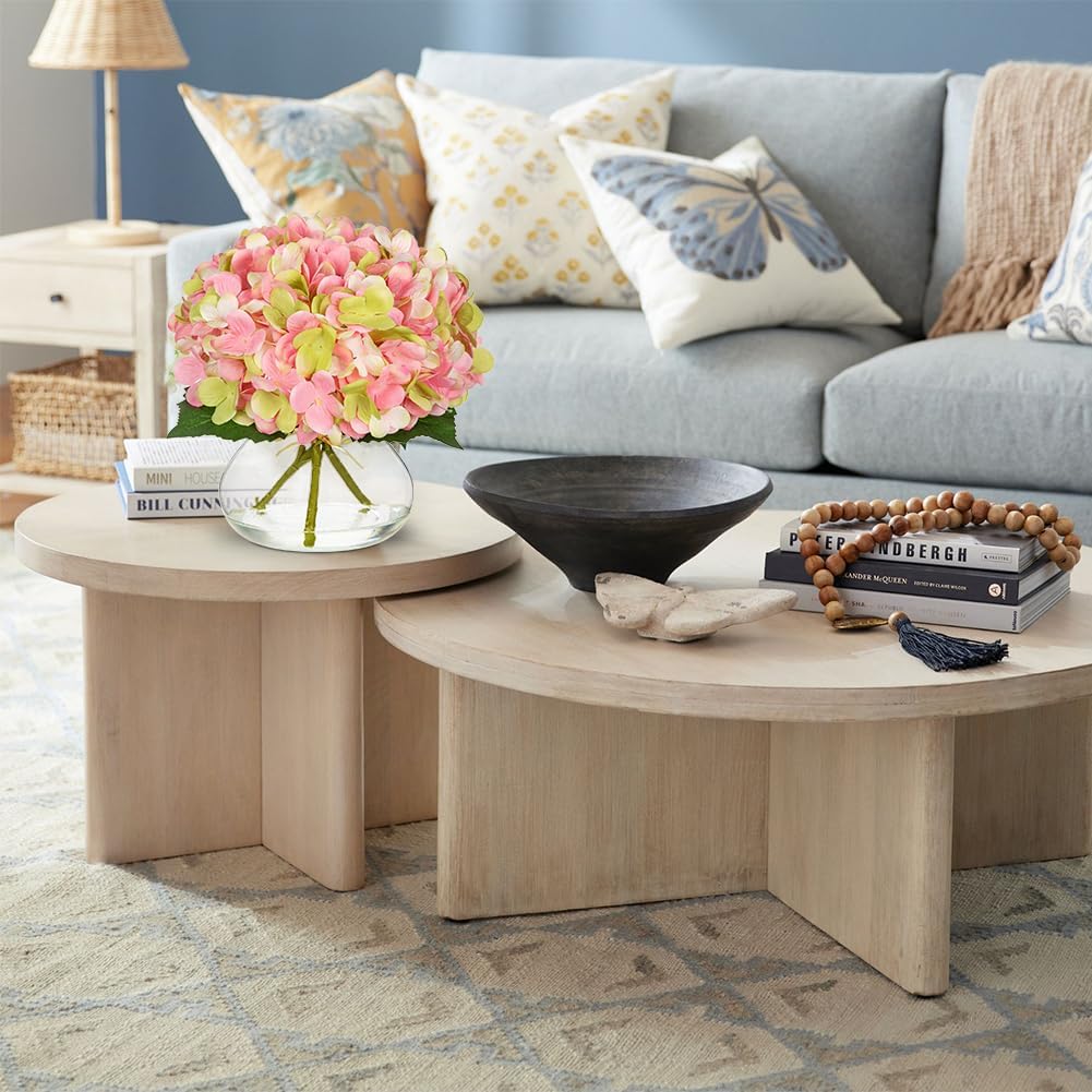 Hydrangea Artificial Flowers with Vase White Silk Fake Flowers Arrangements in Glass Vase with Faux Water for Home Bathroom Office Table Centerpiece Shelf Decorations