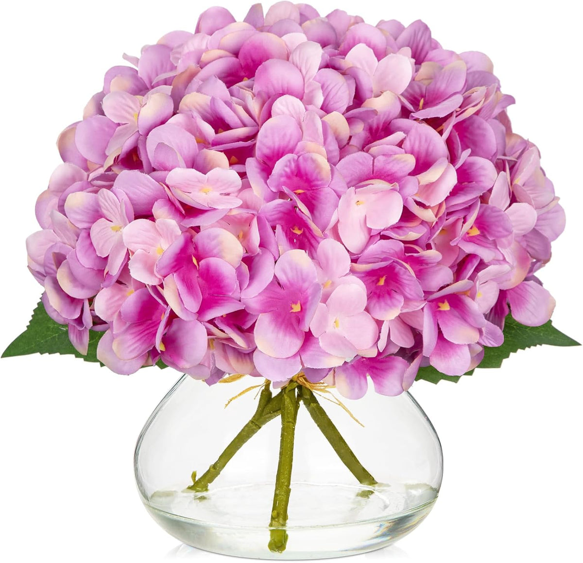 Hydrangea Artificial Flowers with Vase White Silk Fake Flowers Arrangements in Glass Vase with Faux Water for Home Bathroom Office Table Centerpiece Shelf Decorations