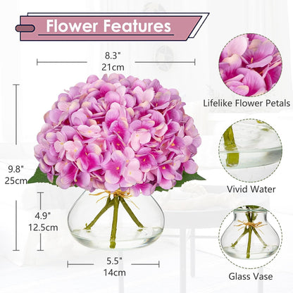 Hydrangea Artificial Flowers with Vase White Silk Fake Flowers Arrangements in Glass Vase with Faux Water for Home Bathroom Office Table Centerpiece Shelf Decorations