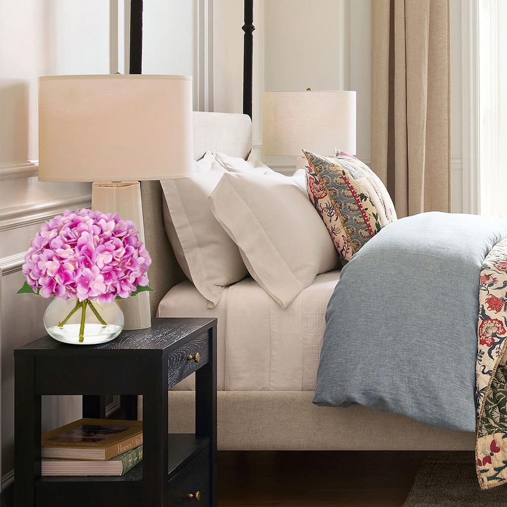 Hydrangea Artificial Flowers with Vase White Silk Fake Flowers Arrangements in Glass Vase with Faux Water for Home Bathroom Office Table Centerpiece Shelf Decorations