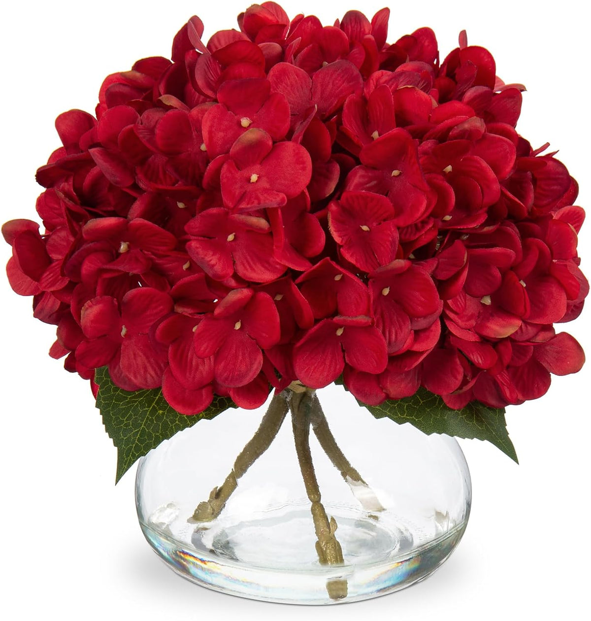 Hydrangea Artificial Flowers with Vase White Silk Fake Flowers Arrangements in Glass Vase with Faux Water for Home Bathroom Office Table Centerpiece Shelf Decorations