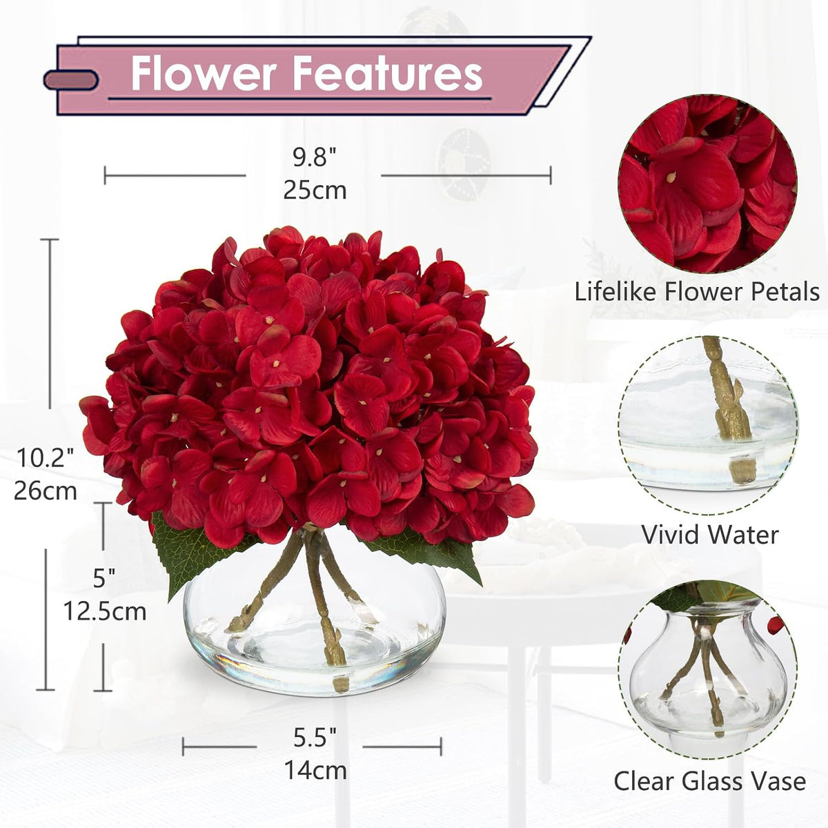 Hydrangea Artificial Flowers with Vase White Silk Fake Flowers Arrangements in Glass Vase with Faux Water for Home Bathroom Office Table Centerpiece Shelf Decorations