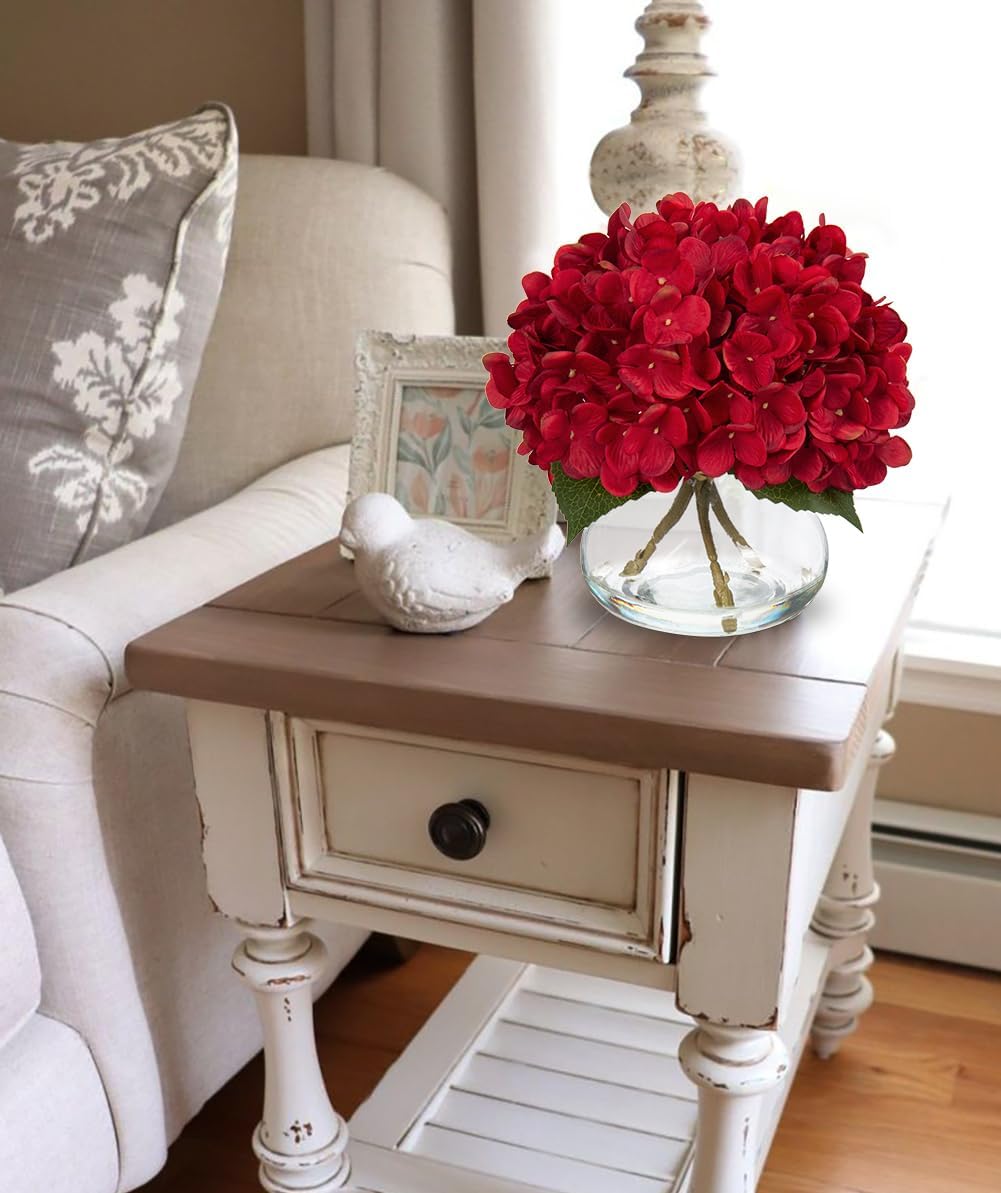 Hydrangea Artificial Flowers with Vase White Silk Fake Flowers Arrangements in Glass Vase with Faux Water for Home Bathroom Office Table Centerpiece Shelf Decorations