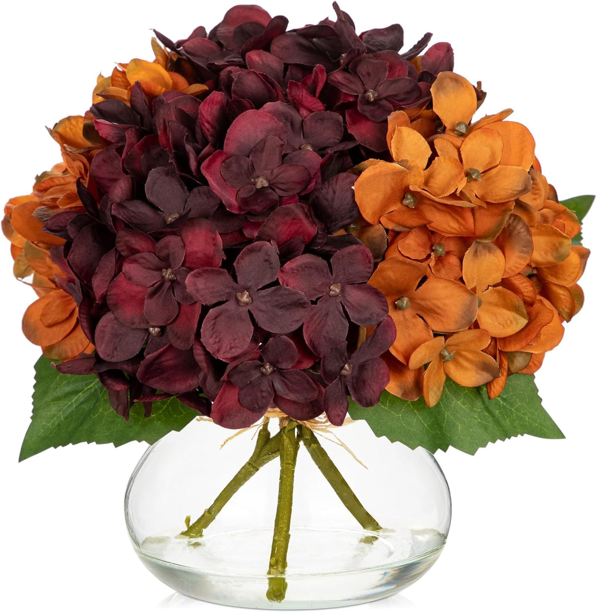 Hydrangea Artificial Flowers with Vase White Silk Fake Flowers Arrangements in Glass Vase with Faux Water for Home Bathroom Office Table Centerpiece Shelf Decorations