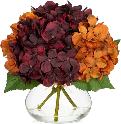 Hydrangea Artificial Flowers with Vase White Silk Fake Flowers Arrangements in Glass Vase with Faux Water for Home Bathroom Office Table Centerpiece Shelf Decorations