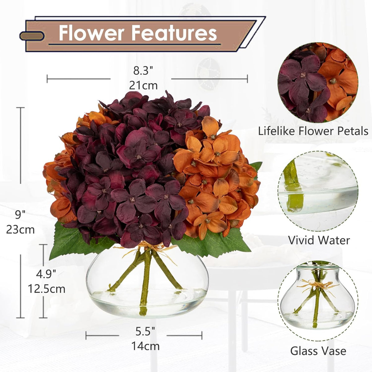 Hydrangea Artificial Flowers with Vase White Silk Fake Flowers Arrangements in Glass Vase with Faux Water for Home Bathroom Office Table Centerpiece Shelf Decorations