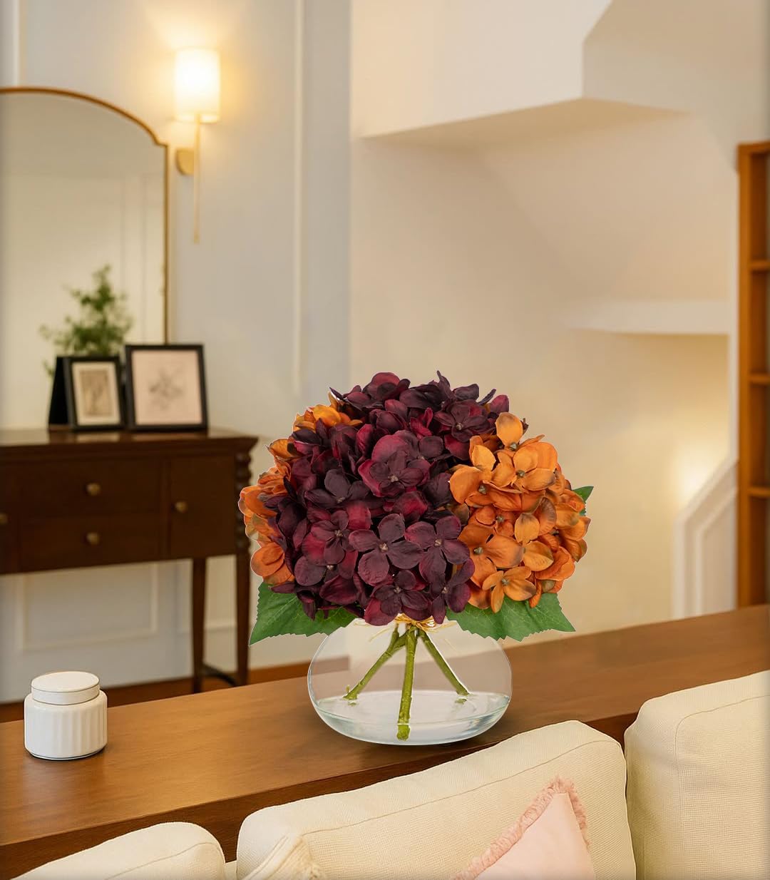 Hydrangea Artificial Flowers with Vase White Silk Fake Flowers Arrangements in Glass Vase with Faux Water for Home Bathroom Office Table Centerpiece Shelf Decorations