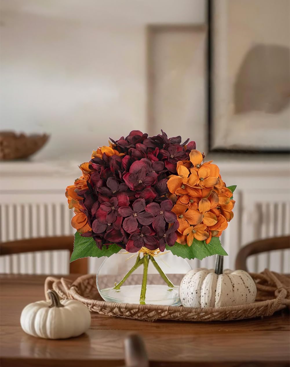 Hydrangea Artificial Flowers with Vase White Silk Fake Flowers Arrangements in Glass Vase with Faux Water for Home Bathroom Office Table Centerpiece Shelf Decorations