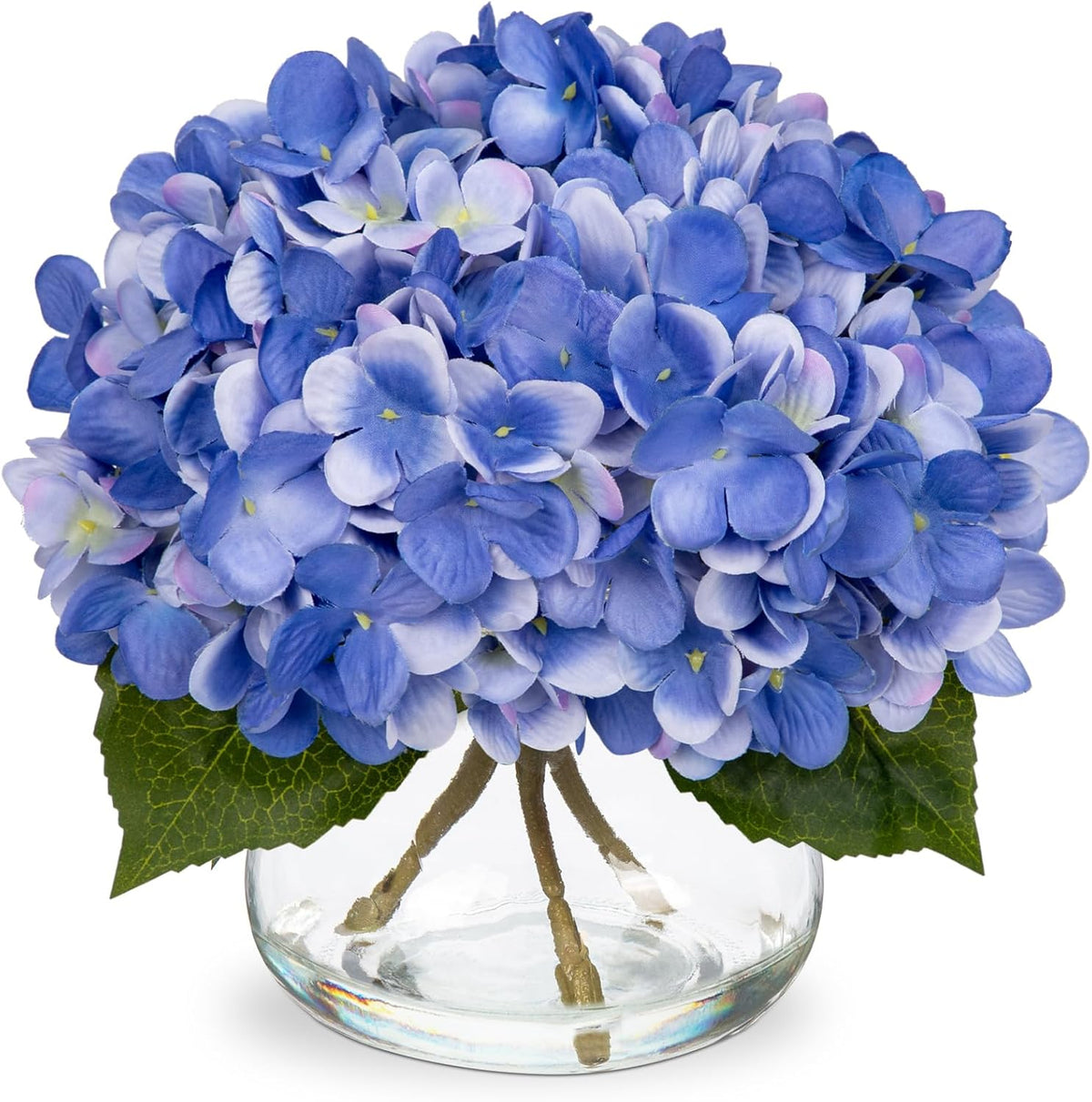 Hydrangea Artificial Flowers with Vase White Silk Fake Flowers Arrangements in Glass Vase with Faux Water for Home Bathroom Office Table Centerpiece Shelf Decorations