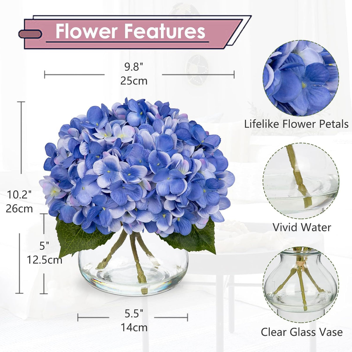 Hydrangea Artificial Flowers with Vase White Silk Fake Flowers Arrangements in Glass Vase with Faux Water for Home Bathroom Office Table Centerpiece Shelf Decorations