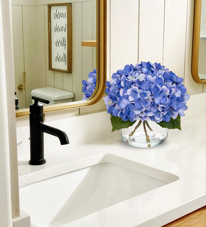 Hydrangea Artificial Flowers with Vase White Silk Fake Flowers Arrangements in Glass Vase with Faux Water for Home Bathroom Office Table Centerpiece Shelf Decorations