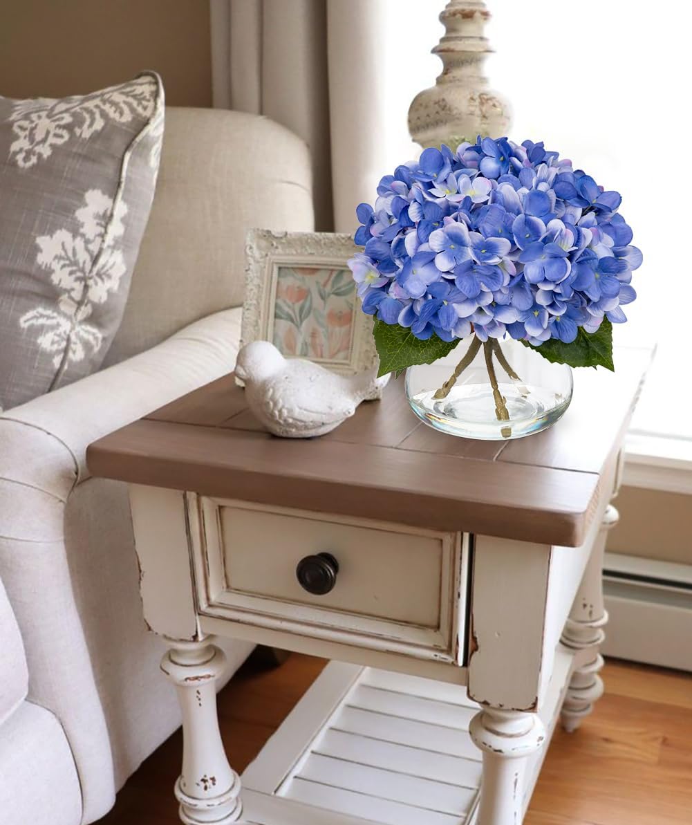 Hydrangea Artificial Flowers with Vase White Silk Fake Flowers Arrangements in Glass Vase with Faux Water for Home Bathroom Office Table Centerpiece Shelf Decorations