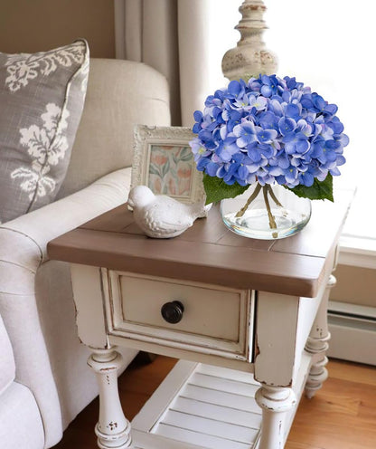 Hydrangea Artificial Flowers with Vase White Silk Fake Flowers Arrangements in Glass Vase with Faux Water for Home Bathroom Office Table Centerpiece Shelf Decorations