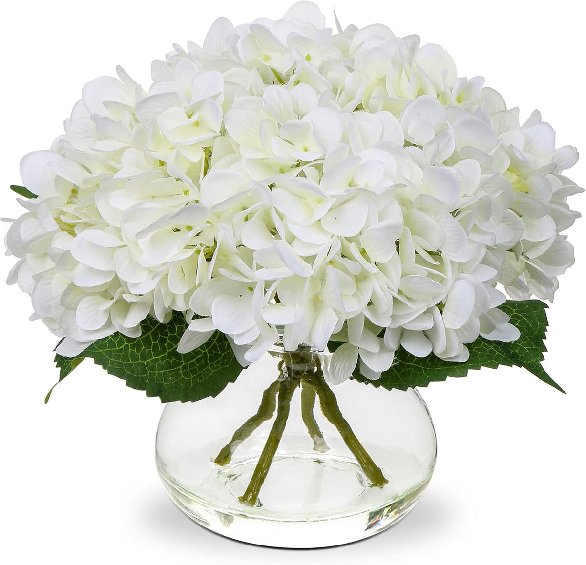 Hydrangea Artificial Flowers with Vase White Silk Fake Flowers Arrangements in Glass Vase with Faux Water for Home Bathroom Office Table Centerpiece Shelf Decorations