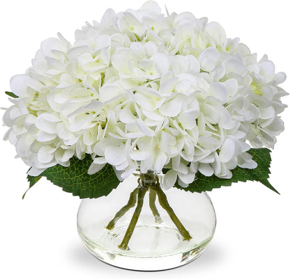 Hydrangea Artificial Flowers with Vase White Silk Fake Flowers Arrangements in Glass Vase with Faux Water for Home Bathroom Office Table Centerpiece Shelf Decorations