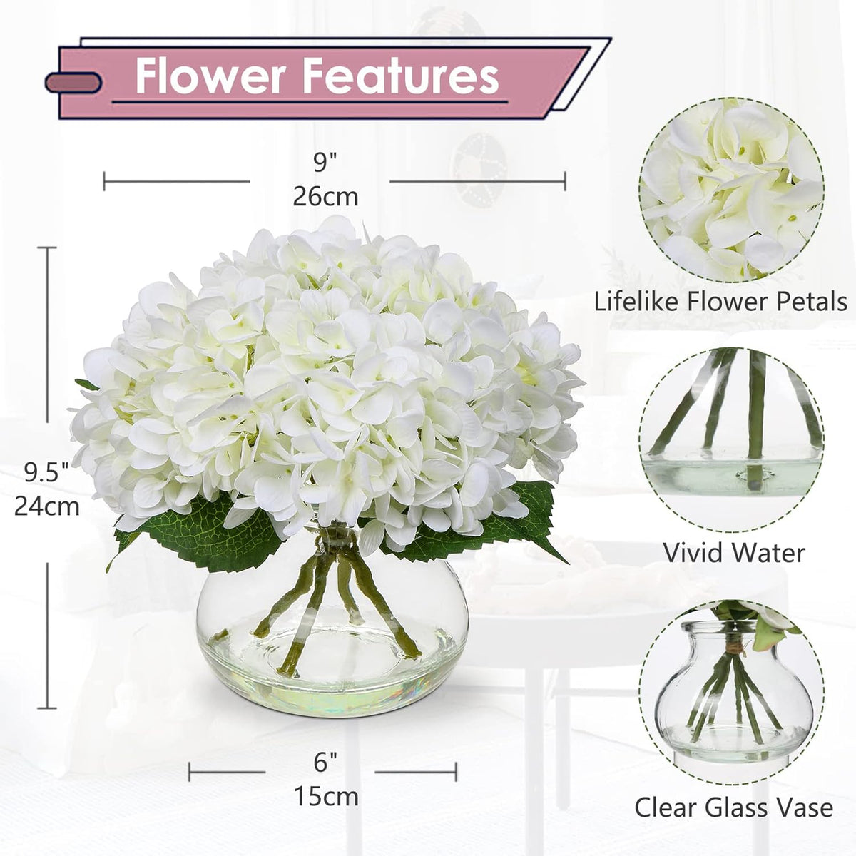 Hydrangea Artificial Flowers with Vase White Silk Fake Flowers Arrangements in Glass Vase with Faux Water for Home Bathroom Office Table Centerpiece Shelf Decorations