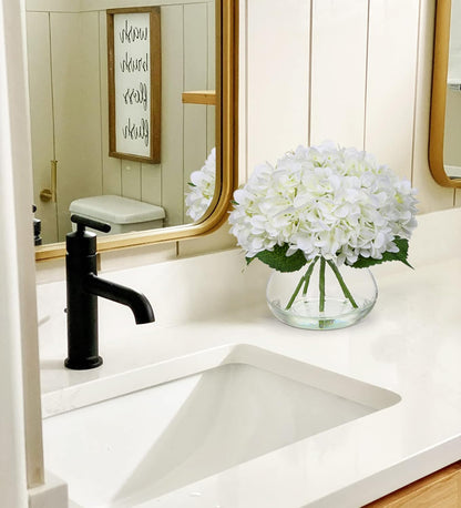 Hydrangea Artificial Flowers with Vase White Silk Fake Flowers Arrangements in Glass Vase with Faux Water for Home Bathroom Office Table Centerpiece Shelf Decorations