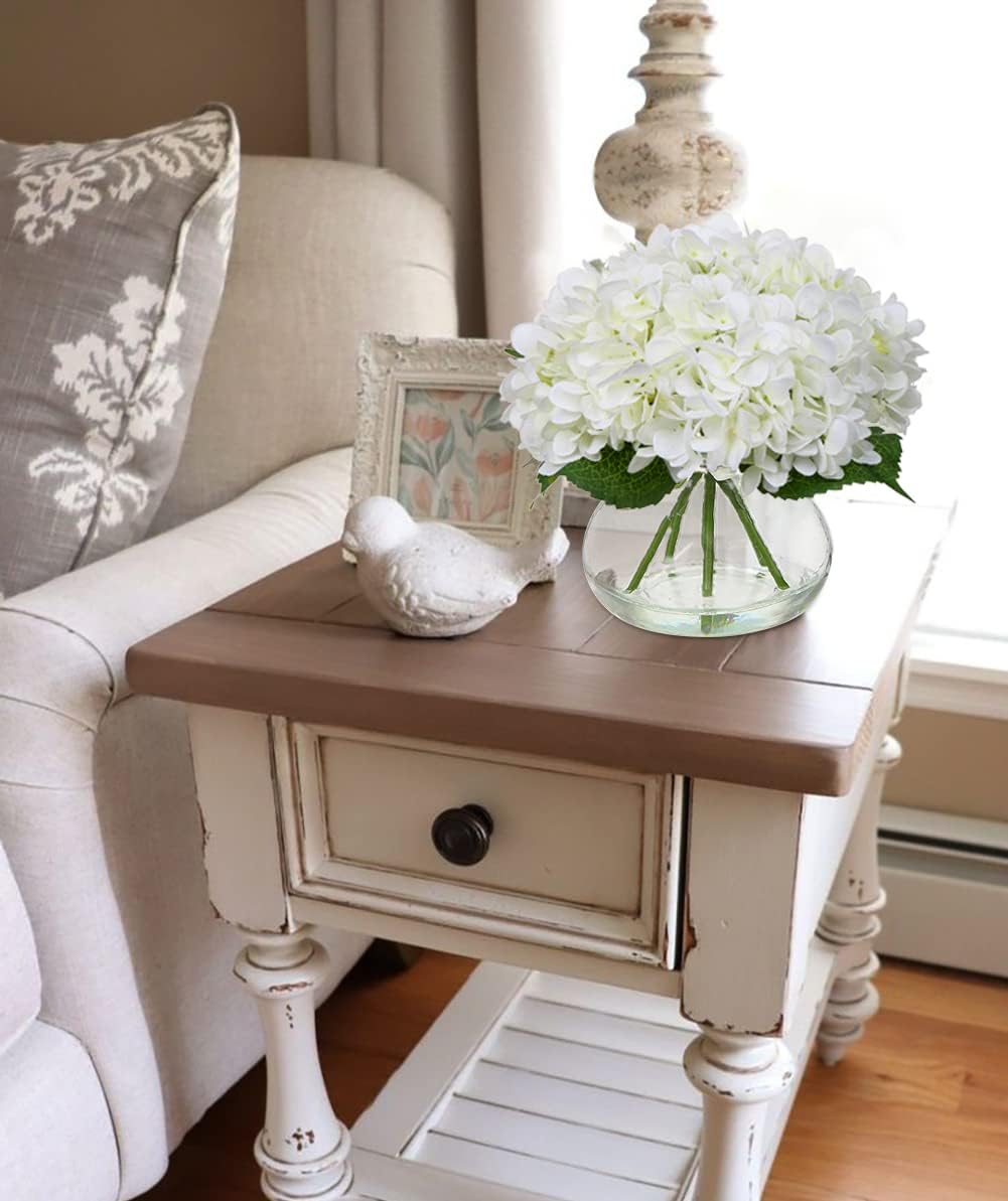 Hydrangea Artificial Flowers with Vase White Silk Fake Flowers Arrangements in Glass Vase with Faux Water for Home Bathroom Office Table Centerpiece Shelf Decorations