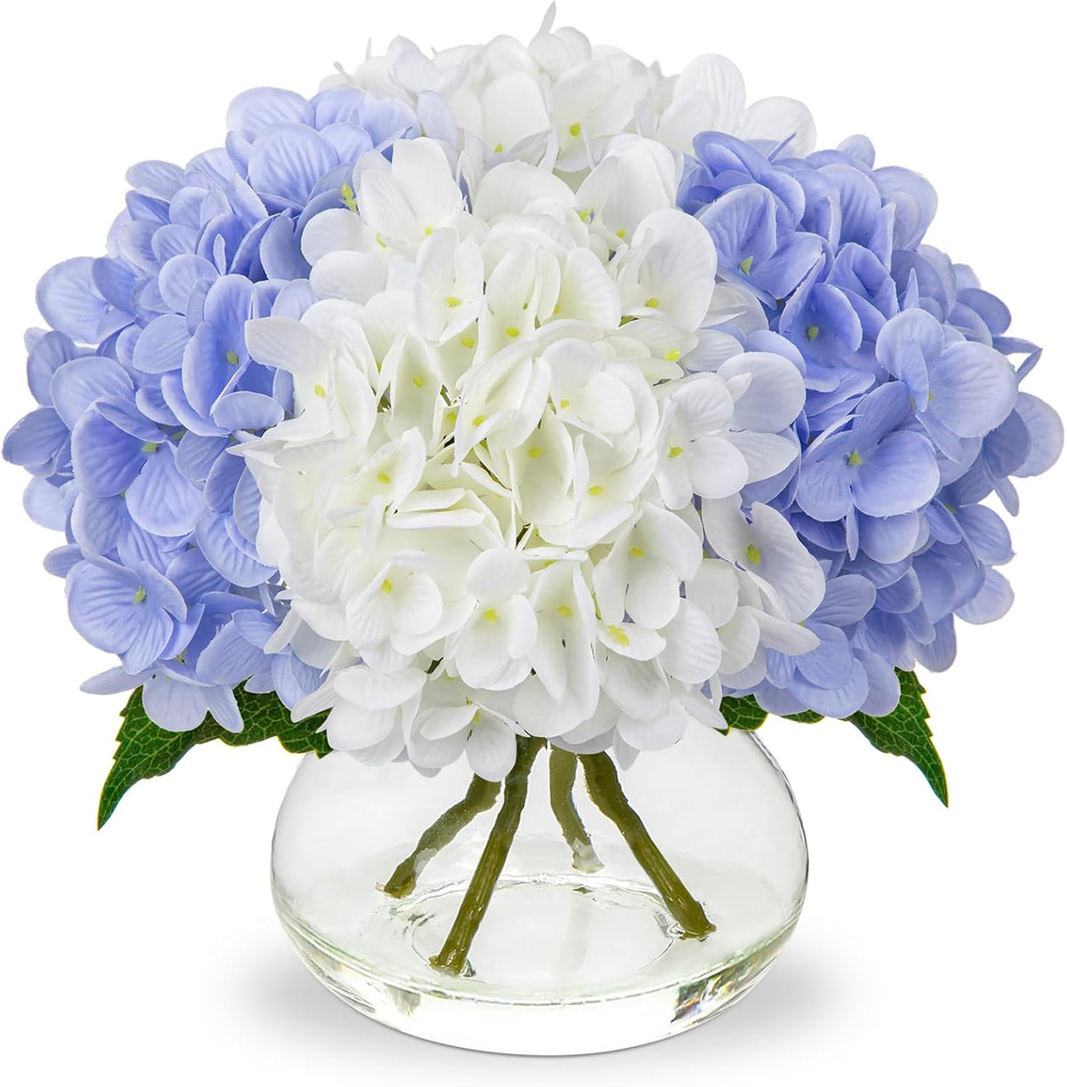 Hydrangea Artificial Flowers with Vase White Silk Fake Flowers Arrangements in Glass Vase with Faux Water for Home Bathroom Office Table Centerpiece Shelf Decorations