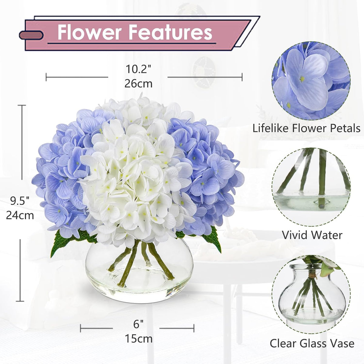 Hydrangea Artificial Flowers with Vase White Silk Fake Flowers Arrangements in Glass Vase with Faux Water for Home Bathroom Office Table Centerpiece Shelf Decorations