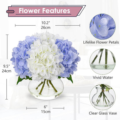 Hydrangea Artificial Flowers with Vase White Silk Fake Flowers Arrangements in Glass Vase with Faux Water for Home Bathroom Office Table Centerpiece Shelf Decorations