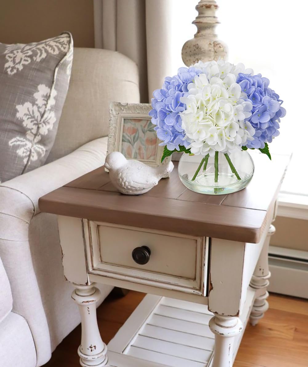 Hydrangea Artificial Flowers with Vase White Silk Fake Flowers Arrangements in Glass Vase with Faux Water for Home Bathroom Office Table Centerpiece Shelf Decorations