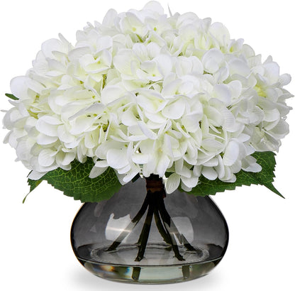 Hydrangea Artificial Flowers with Vase White Silk Fake Flowers Arrangements in Glass Vase with Faux Water for Home Bathroom Office Table Centerpiece Shelf Decorations