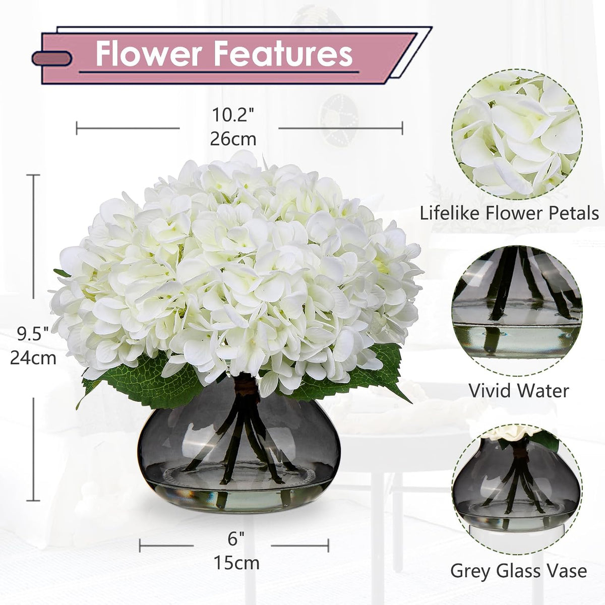 Hydrangea Artificial Flowers with Vase White Silk Fake Flowers Arrangements in Glass Vase with Faux Water for Home Bathroom Office Table Centerpiece Shelf Decorations
