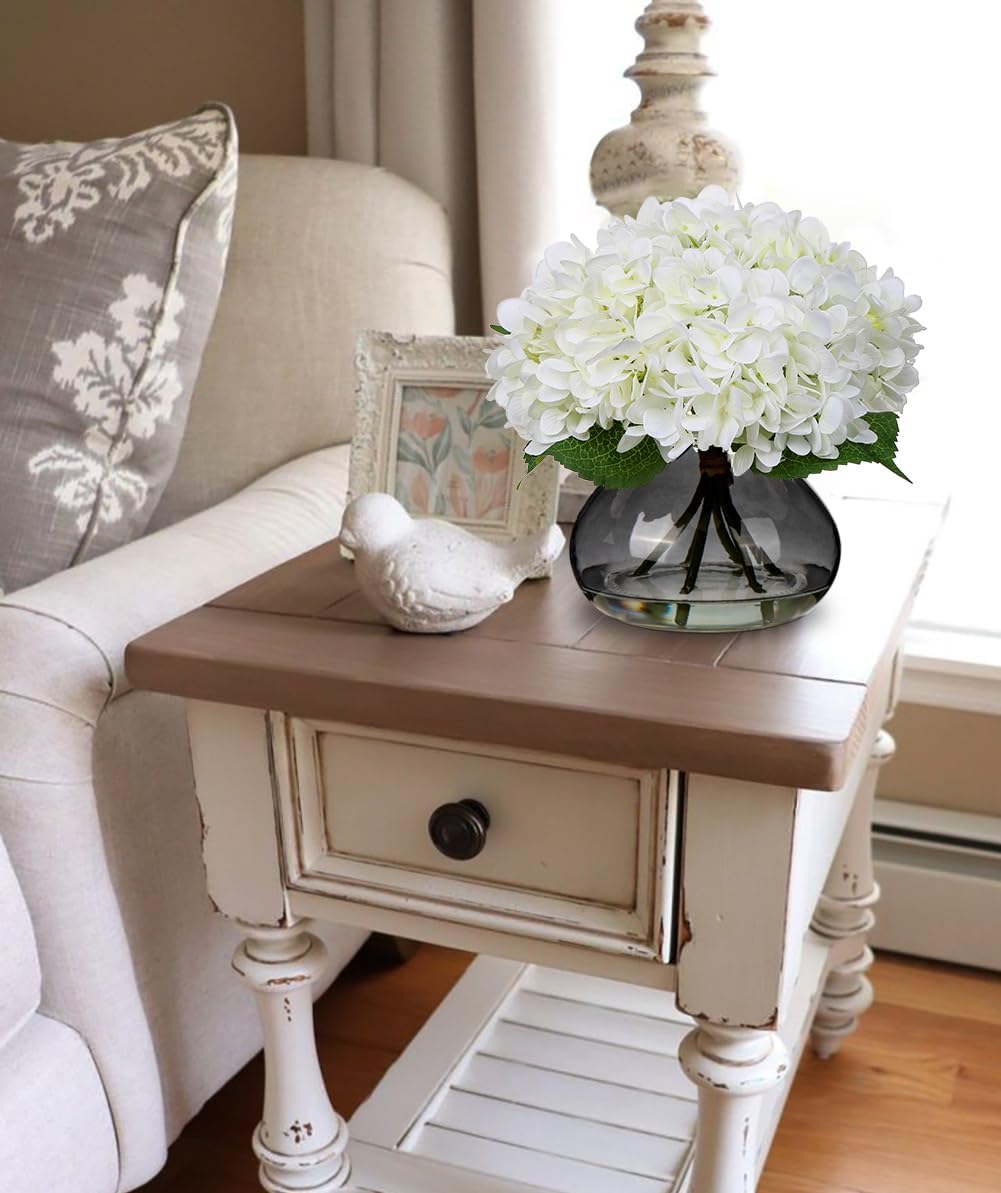 Hydrangea Artificial Flowers with Vase White Silk Fake Flowers Arrangements in Glass Vase with Faux Water for Home Bathroom Office Table Centerpiece Shelf Decorations