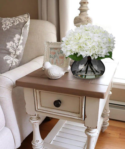 Hydrangea Artificial Flowers with Vase White Silk Fake Flowers Arrangements in Glass Vase with Faux Water for Home Bathroom Office Table Centerpiece Shelf Decorations