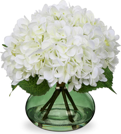 Hydrangea Artificial Flowers with Vase White Silk Fake Flowers Arrangements in Glass Vase with Faux Water for Home Bathroom Office Table Centerpiece Shelf Decorations